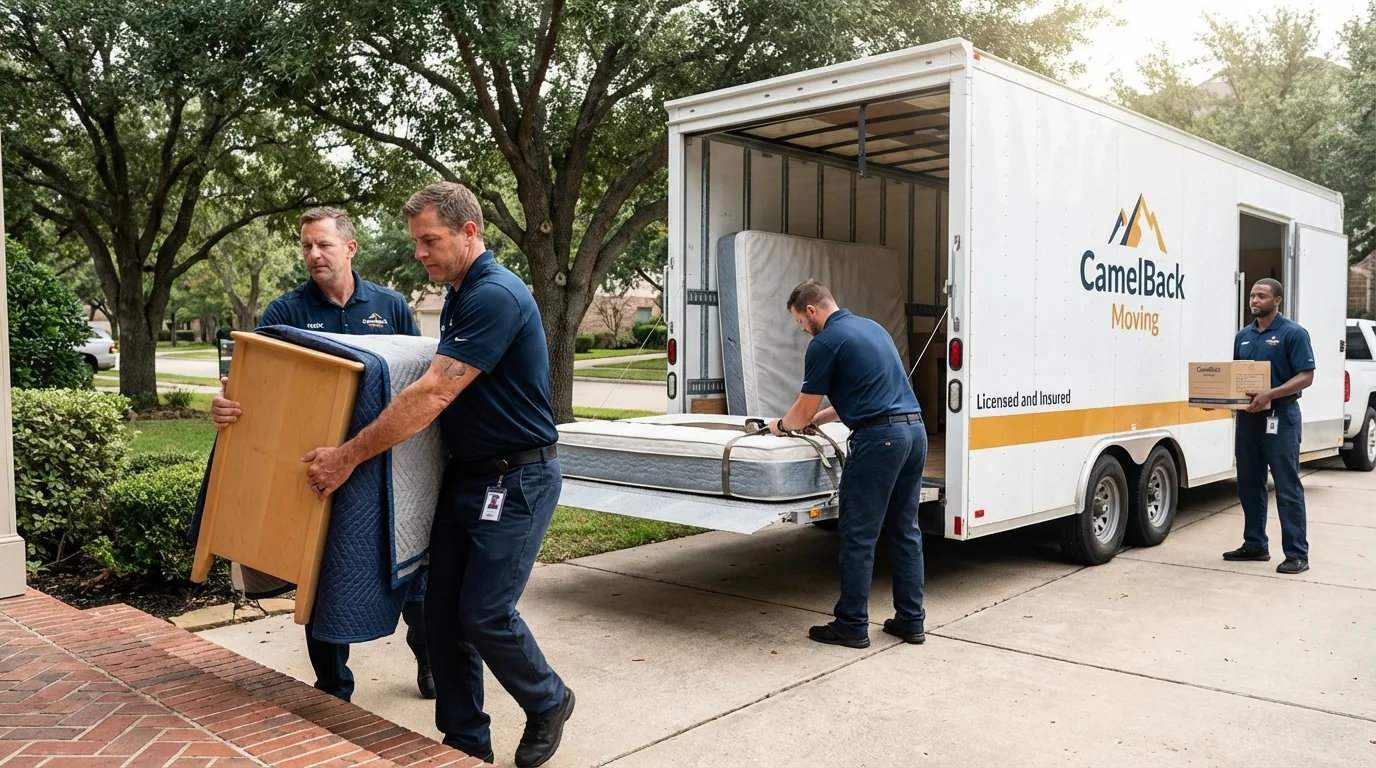 Crew loading residential truck for cross-state move from Parlier, CA