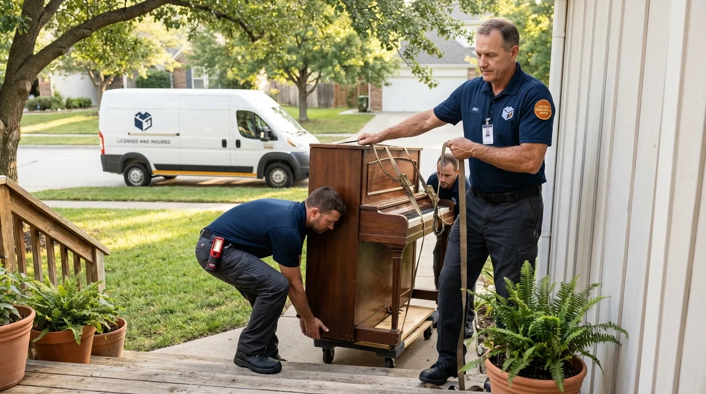 Licensed piano movers securing grand piano in Parlier, CA