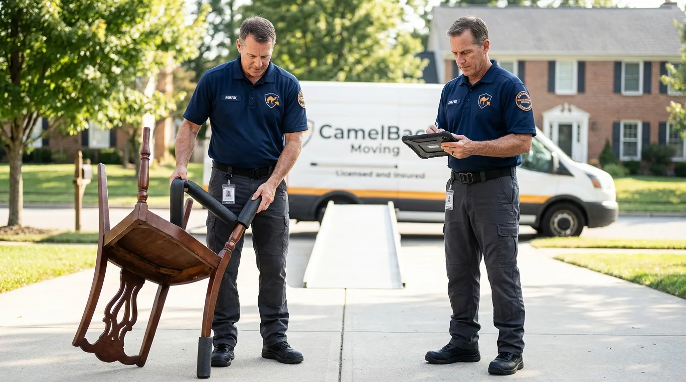 Movers inspecting furniture for damage prevention before loading in Parlier, CA