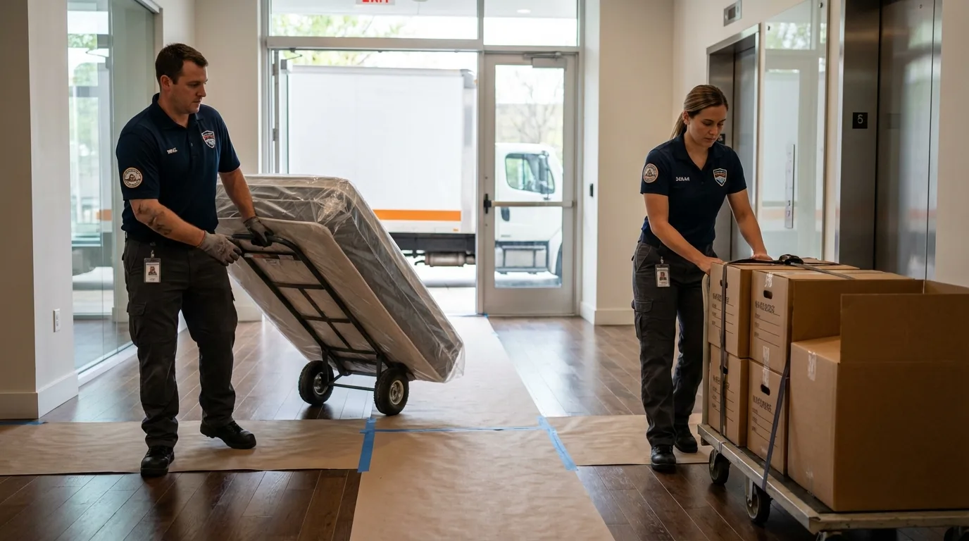 Professional apartment movers loading elevator in Parlier, CA